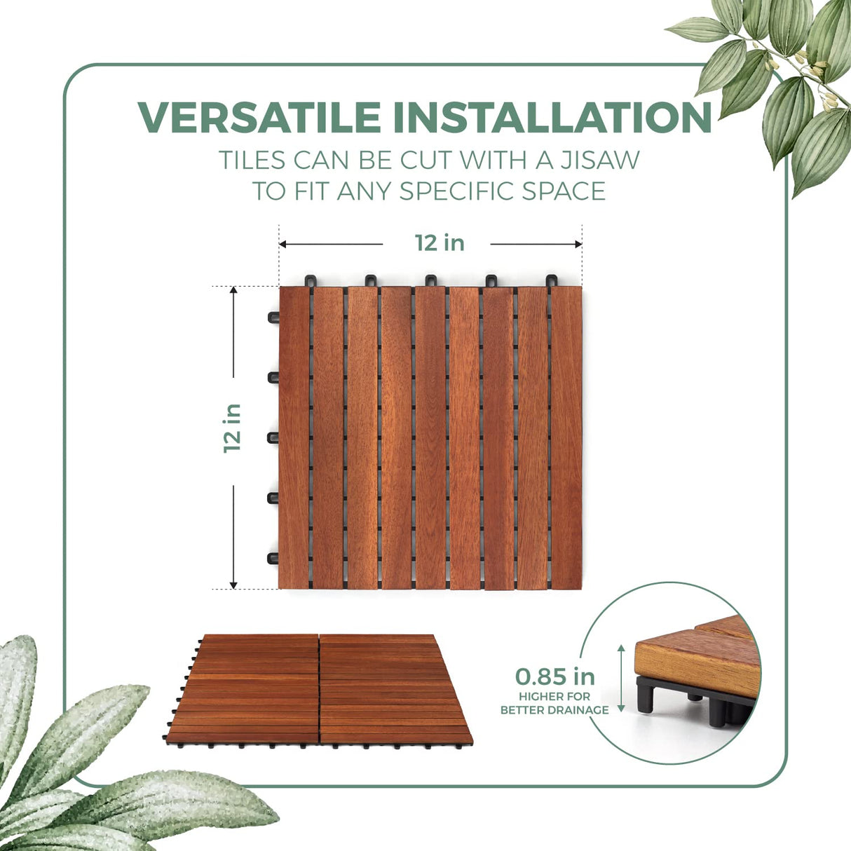 Solid Wood Interlocking Flooring Tiles (Pack of 10, 12" x 12"), Acacia Deck Tiles, Floor Tiles for Both Indoor and Outdoor Use, Waterproof All Weather, 9 Slat (12 x 12, 9 Slat) HOUSE84VN