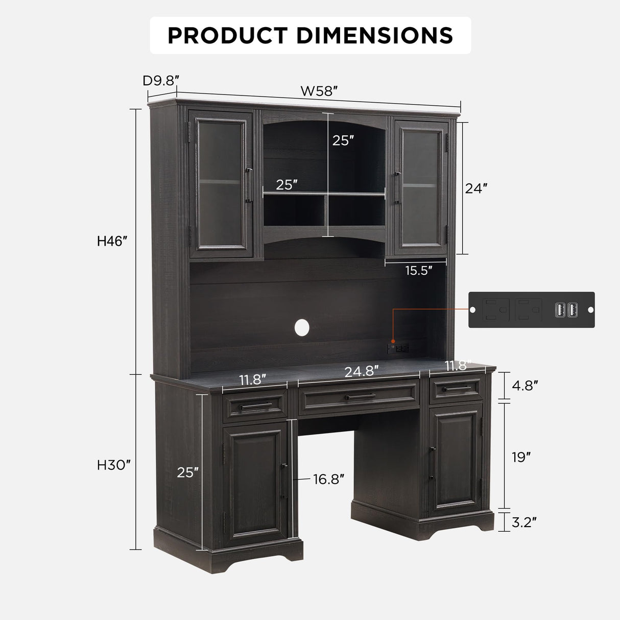 JXQTLINGMU Farmhouse 76" Height Computer Desk with Hutch, Office Desk with Charging Station, Drawers and Storage Cabinet, Workstation for Office Home, Black JXQTLINGMU