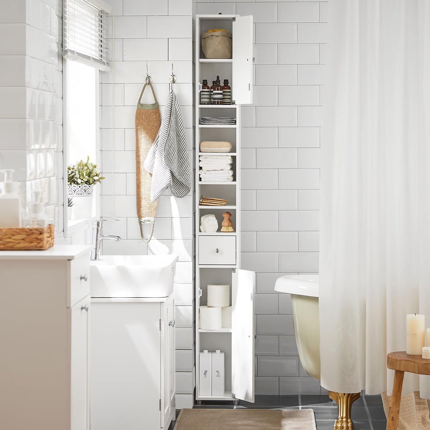 Haotian Bathroom Tall Cabinet with 1 Drawer, 2 Doors and Adjustable Shelves, Slender Extra Storage Cabinet, Anti-Tipping Floor Tall Cabinet Cupboard, White BZR34-W, 7.9"D x 7.9"W x 70.9"H - WoodArtSupply