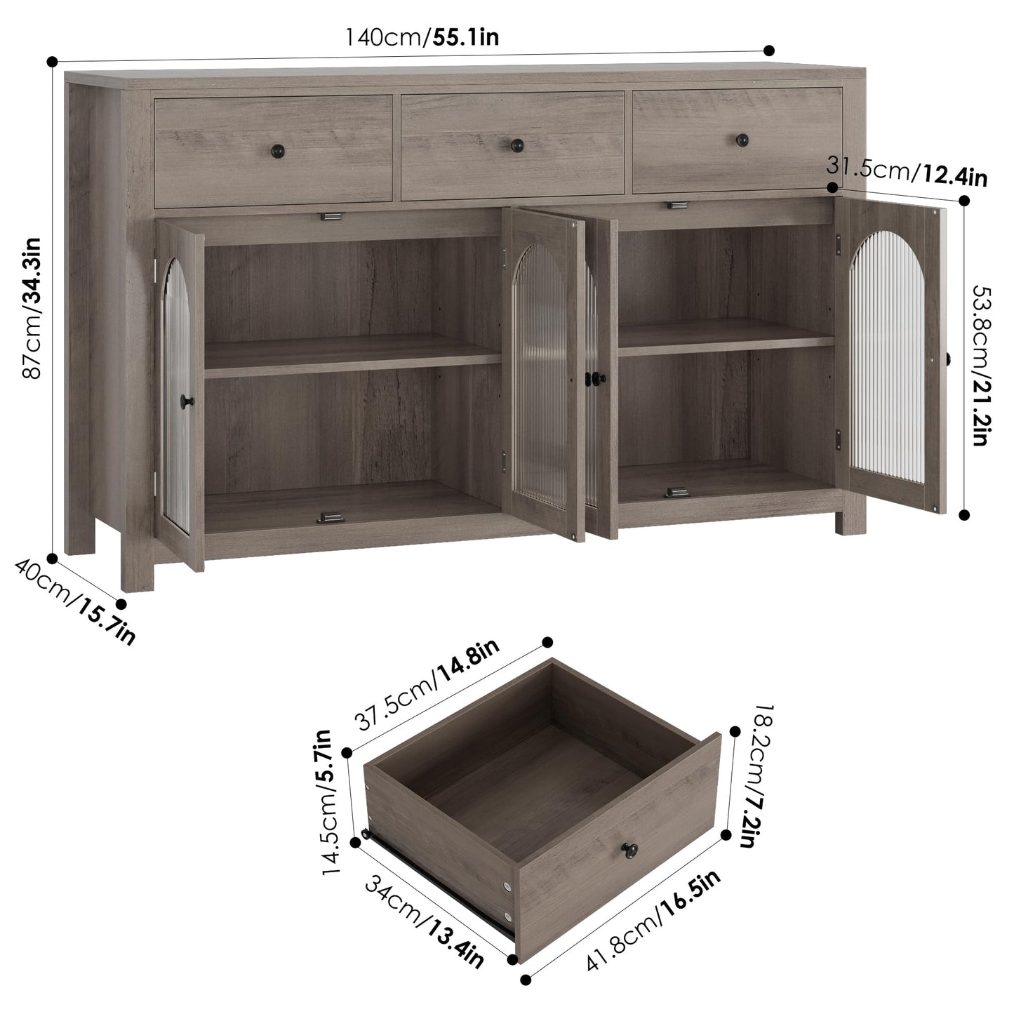 finetones Buffet Cabinet with Storage, 55.1" Large Sideboard Buffet Cabinet, Farmhouse Kitchen Cabinet Display Cabinet with 3 Drawers and 4 Doors, Wood Coffee Bar Cabinet for Kitchen, Ash Gre - WoodArtSupply