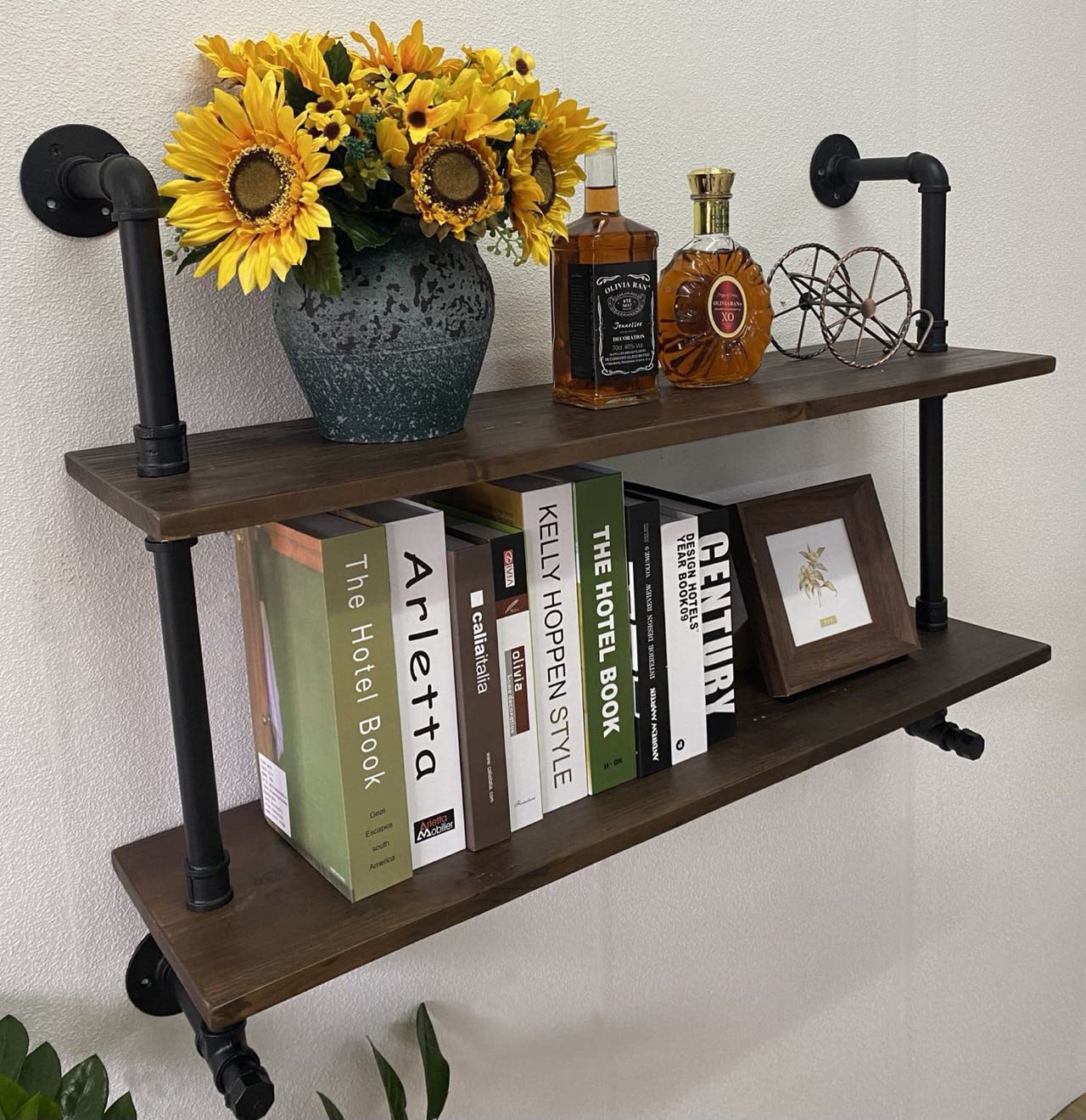 Industrial Pipe Wall Shelves Pipe Shelving with Real Wood Plank ,36 Inches Floating Shelves for Wall Farmhouse Pipe Book Shelves Dark Brown 2 Tier for Kitchen,Living Room Decor and Bar Shelving