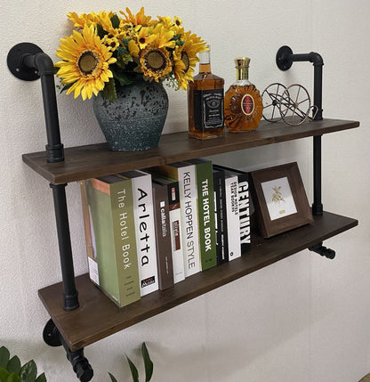 Industrial Pipe Wall Shelves Pipe Shelving with Real Wood Plank ,36 Inches Floating Shelves for Wall Farmhouse Pipe Book Shelves Dark Brown 2 Tier for Kitchen,Living Room Decor and Bar Shelving