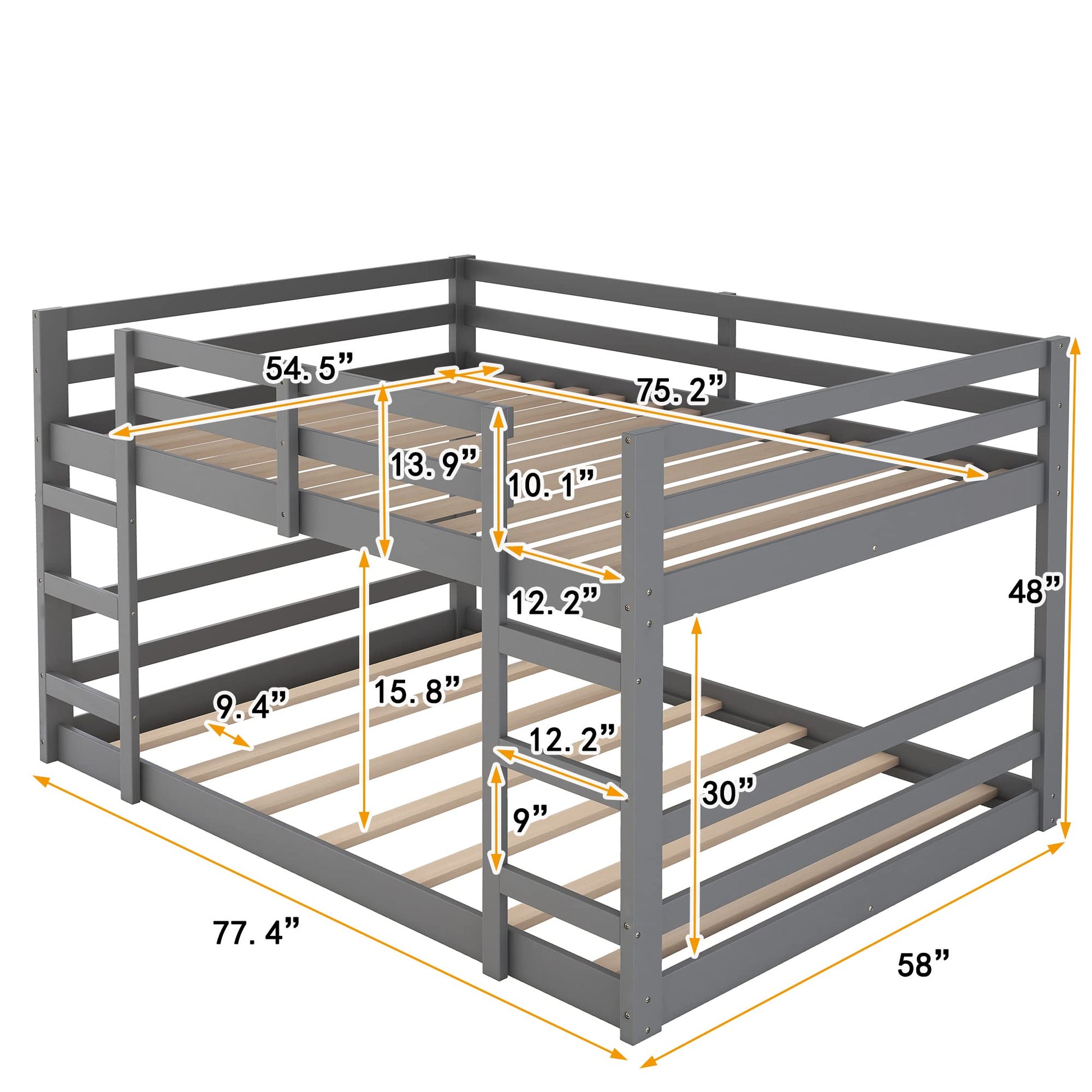 Low Profile Full Over Full Bunk Bed Frame with Ladder - Solid Wood Design in Grey for Kids and Teens - WoodArtSupply