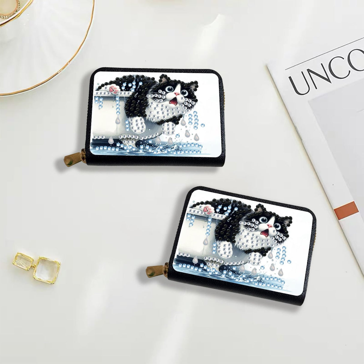 BAYUNOE Diamond Art Painting Credit Card Holder Anti-demagnetization Wallet with Zipper Business Accordion Card Wallet for Women Men Travel-Cat BAYUNOE