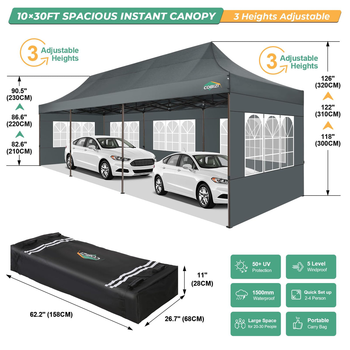 COBIZI Heavy Duty 10x30 Party Tent, Commercial 10x30 pop up Canopy for Parties Waterproof Gazebos with 8 Sidewalls, All Season Wind & Waterproof UPF50+,Stable Thickened Frame COBIZI