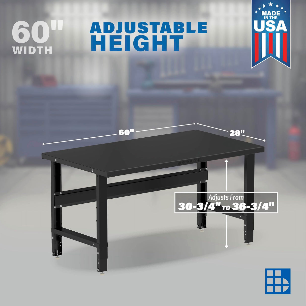 Borroughs 60" x 28" Black Painted Steel Garage Workbench, Heavy-Duty Work Table, 2000 LB Capacity for Garage, School, Office, Home, and Workshop Borroughs