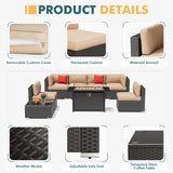 Patiomore 8-Pieces Outdoor Patio Furniture Sets,45”Propane Gas Fire Pit Table， All-Weather Black Brown Wicker Rattan Sectional Sofa, Washable Seat Cushion(Beige) Patiomore
