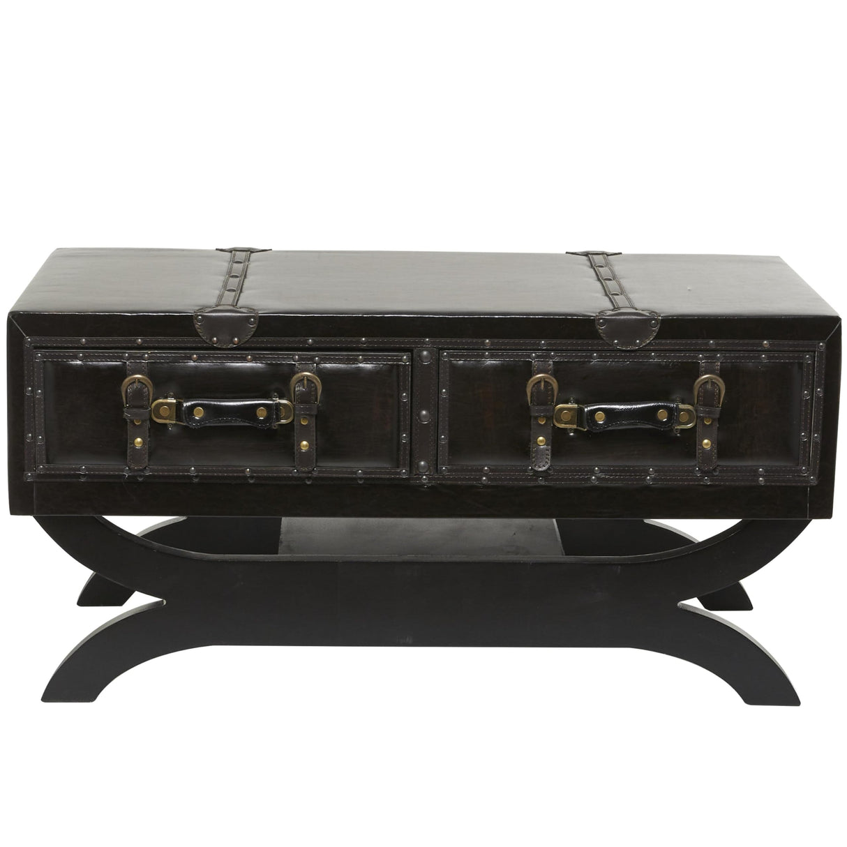Deco 79 Faux Leather Living Room Coffee Table Vintage Faux Leather 2 Drawer Table with Curved Style Leg Stand, Center Table 40" x 19" x 21", Brown Deco 79