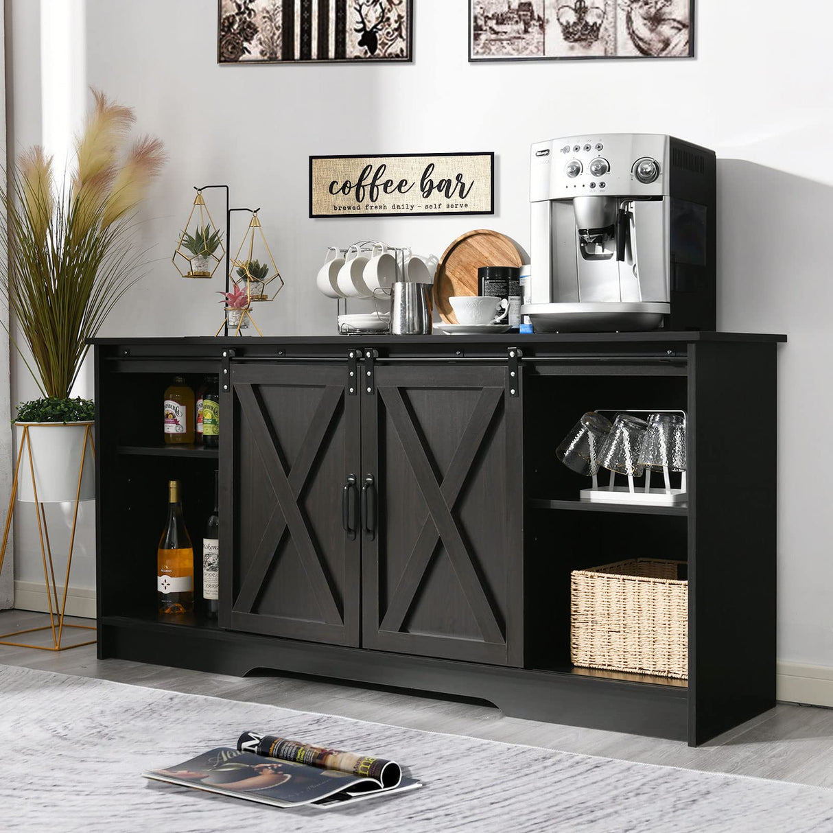 4 EVER WINNER Coffee Bar Cabinet with Sliding Barn Doors, 59" Sideboard Buffet Cabinet with Storage, Farmhouse Buffet Cabinet Serving Table Cupboard for Dining Room, Espresso 4 EVER WINNER