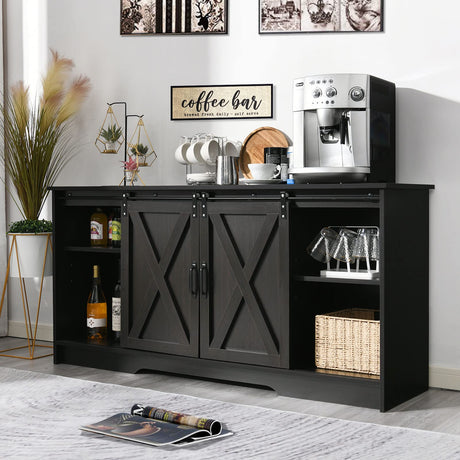 4 EVER WINNER Coffee Bar Cabinet with Sliding Barn Doors, 59" Sideboard Buffet Cabinet with Storage, Farmhouse Buffet Cabinet Serving Table Cupboard for Dining Room, Espresso 4 EVER WINNER