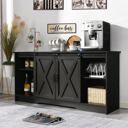 4 EVER WINNER Coffee Bar Cabinet with Sliding Barn Doors, 59" Sideboard Buffet Cabinet with Storage, Farmhouse Buffet Cabinet Serving Table Cupboard for Dining Room, Espresso