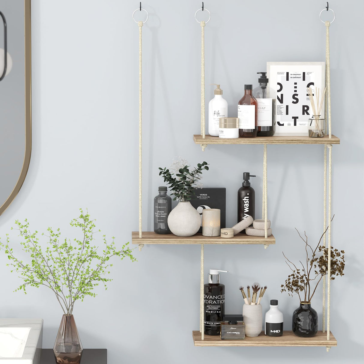 Fixwal Hanging Shelves for Wall, 3 Tier Boho Wall Decor Plant Rack Floating Shelves Rope Rustic Wood Organizer Storage Hanger for Aesthetic Home Bedroom Kitchen Bathroom- Rustic Brown Fixwal