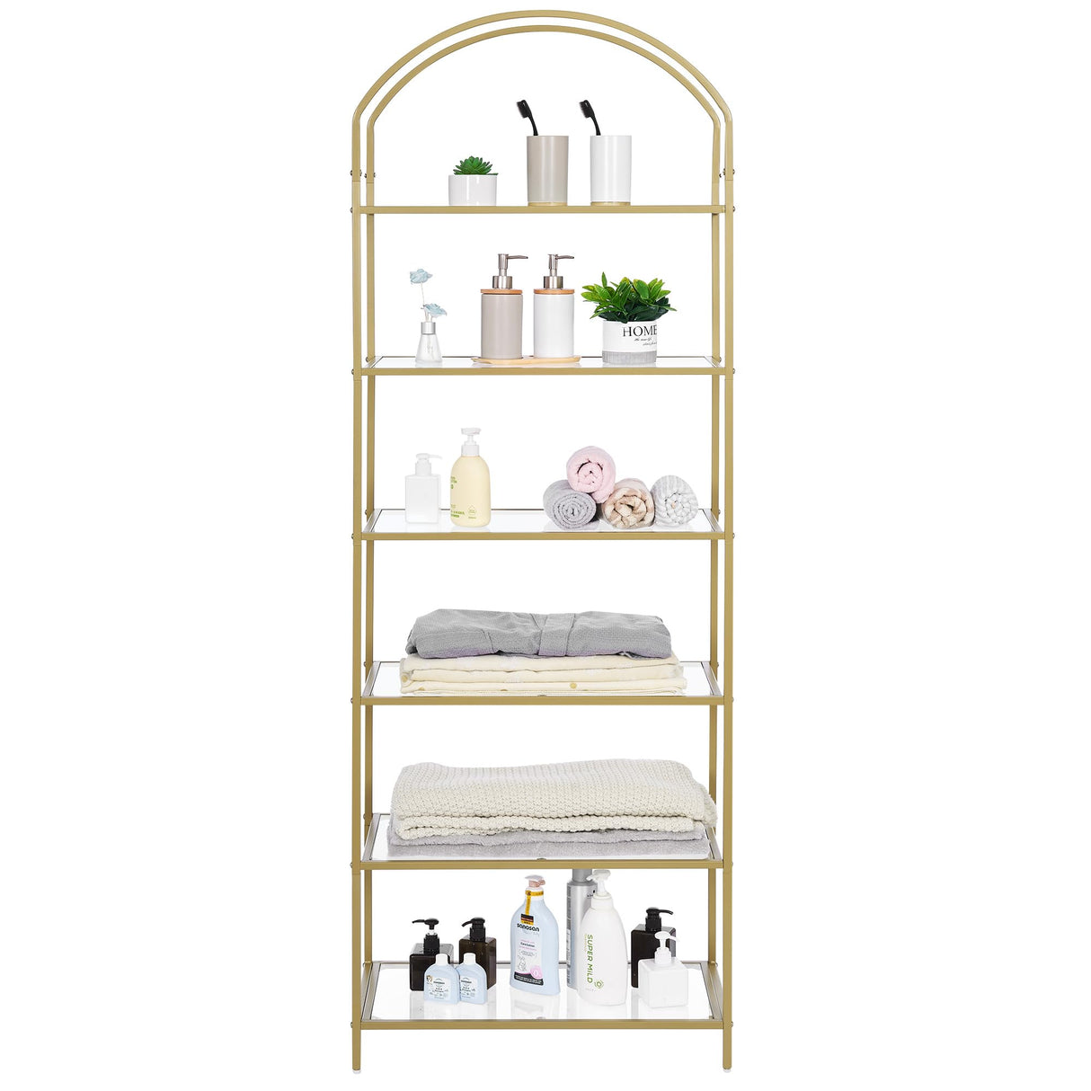 Homhedy 6-Tier Bookshelf Arched Display Racks, Metal Bookcase, Tempered Glass Shelves, Storage Rack Shelf for Home Office, Living Room, Bedroom, Bathroom, Modern Style, Golden Homhedy