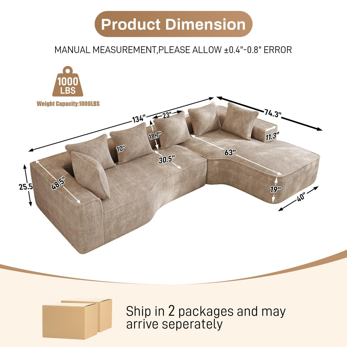 DAMAIFROM Oversized L Shape Sectional Sofa with Chaise, 134" W L-Shaped Sectional Couches with 63" D x 40" W Chaise Lounge Boneless Chenille Sofas for Large Living Room, Camel DAMAIFROM