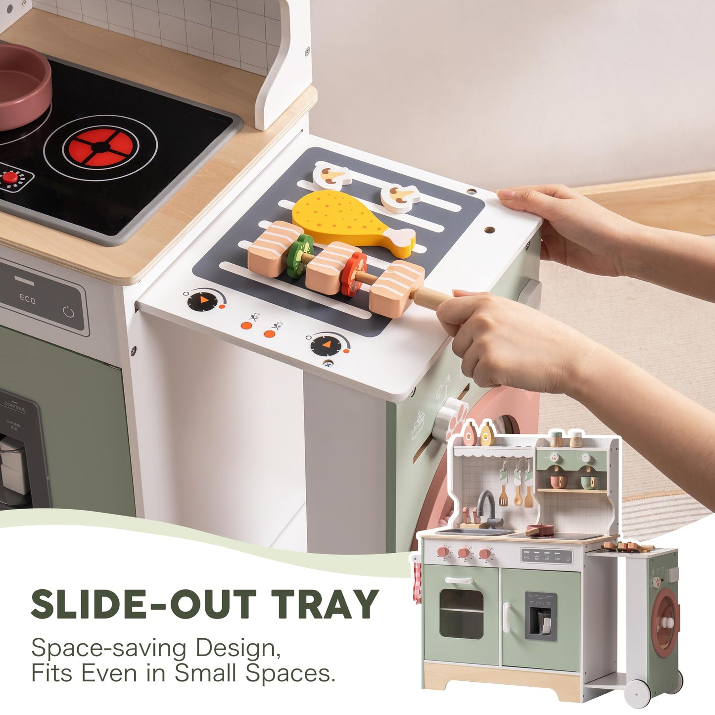 ROBOTIME Wooden Kitchen Playset, Kids Play Kitchen with Ice Maker, BBQ and Dishwasher. Pretend Toddler Kitchen with Lights & Sounds for Ages 3+ - WoodArtSupply