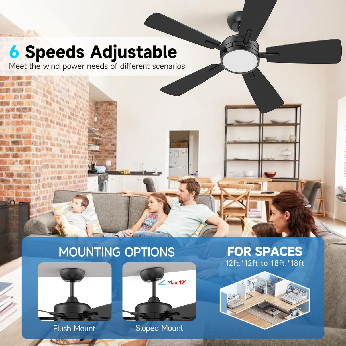 ocioc 46 Inch Ceiling Fans with Lights, Large Air Volume Ceiling Fan with Backlight, Ultra Quiet Reversible DC Motor Dimmable with Remote（Black） ocioc