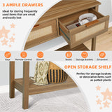 LAZZO Rattan Console Table Boho Entryway Table Narrow Long Sofa Table Hallway Foyer Table Behind Couch Table with 3 Drawers and Open Storage Shelf for Living Room and Corridor Brown LAZZO