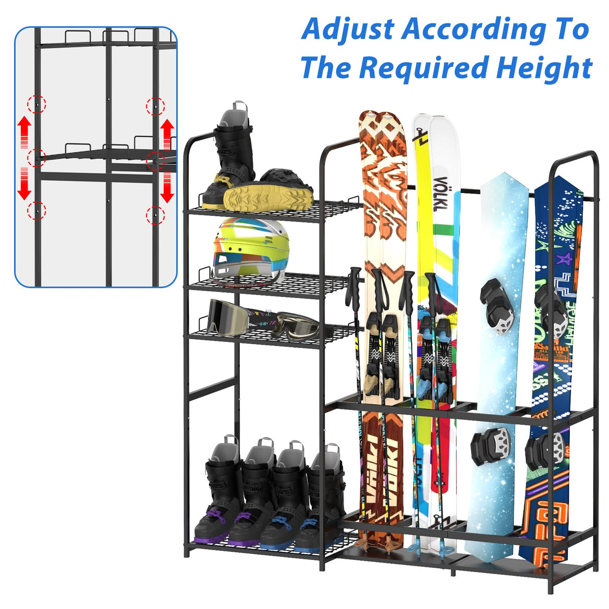 Freestanding Ski Rack for Garage - Stores 4 Pairs of Skis, Adjustable Ski Boot Holder, Organizes Skis, Boots, Poles, Goggles, Helmets & Gear, Ideal for Garage, Shed, Basement, Ski Enthusiasts KANEODOT