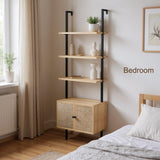 SOLACE FURNITURE Rattan Bookcase, 6 Tier Ladder Bookshelf with Rattan Cabinet, Wall Mount Tall Bookshelves and Bookcases with Metal Storage Shelves Display for Living Room Bedroom Home Office, Oak SOLACE FURNITURE