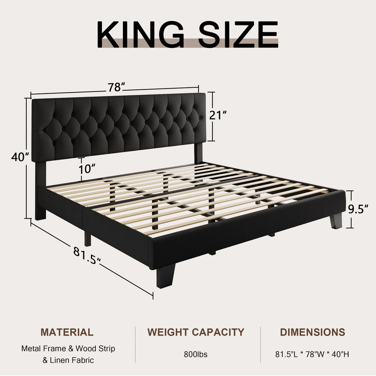 Einhomn King Upholstered Bed Frame with Headboard, Button Tufted Linen Bed Base, Platform Bed with Heavy Duty Wood Slat Support, Noise Free, No Box Spring Needed, Easy Assembly, Black Einhomn