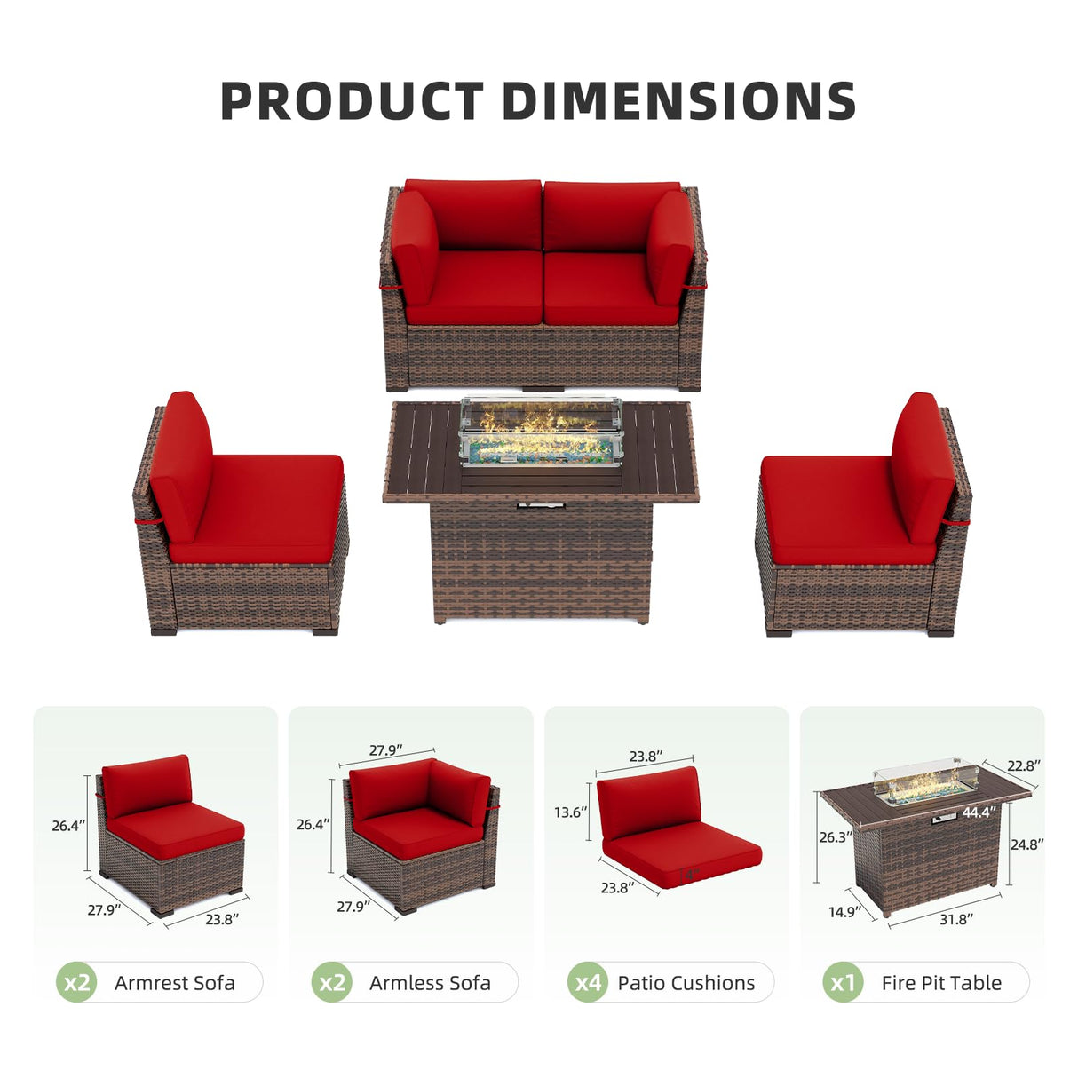Amopatio 5 Pieces Patio Furniture Set with Fire Pit Table, Outdoor Furniture Sectional Rattan Sofa with Slanted Back, Wine(Include 2 Waterproof Cover) Amopatio