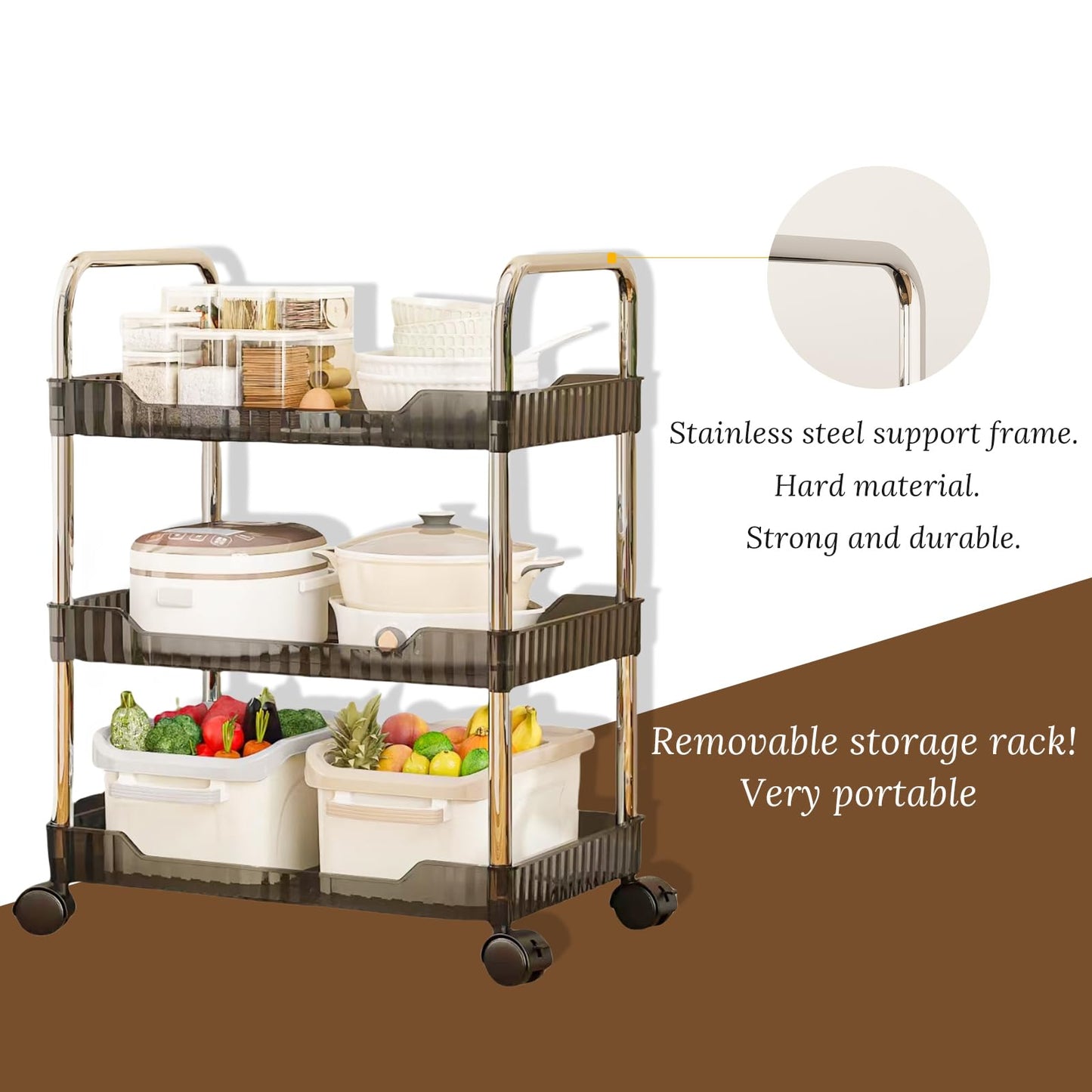 3 Tier Utility Cart Coffee, Acrylic Bathroom Cart Organizer Kitchen Organizer Rolling Storage Cart Mobile Shelving Unit Multi-Functional Shelves for Office, Kitchen, Living Room