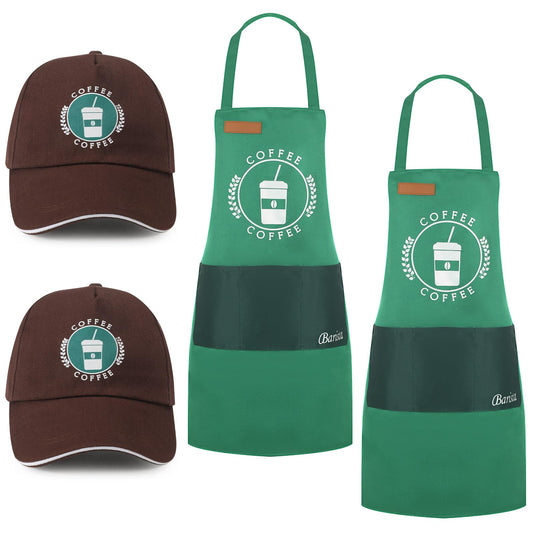 Zoooyawn 2 Set Barista 100 Days of School Costume Coffee Theme Costume 2 Apron 2 Hat for Man Women Kitchen Cooking