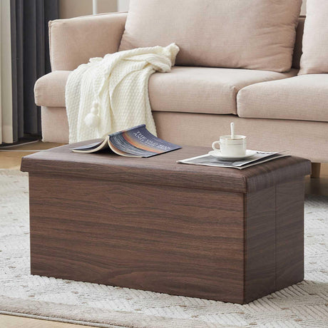 YOUDENOVA 30 inches Folding Storage Ottoman Bench, 80L Storage Bench for Bedroom and Hallway, Faux Leather Brown Footrest with Foam Padded Seat, Support 350lbs, Wood Grain Brown YOUDENOVA