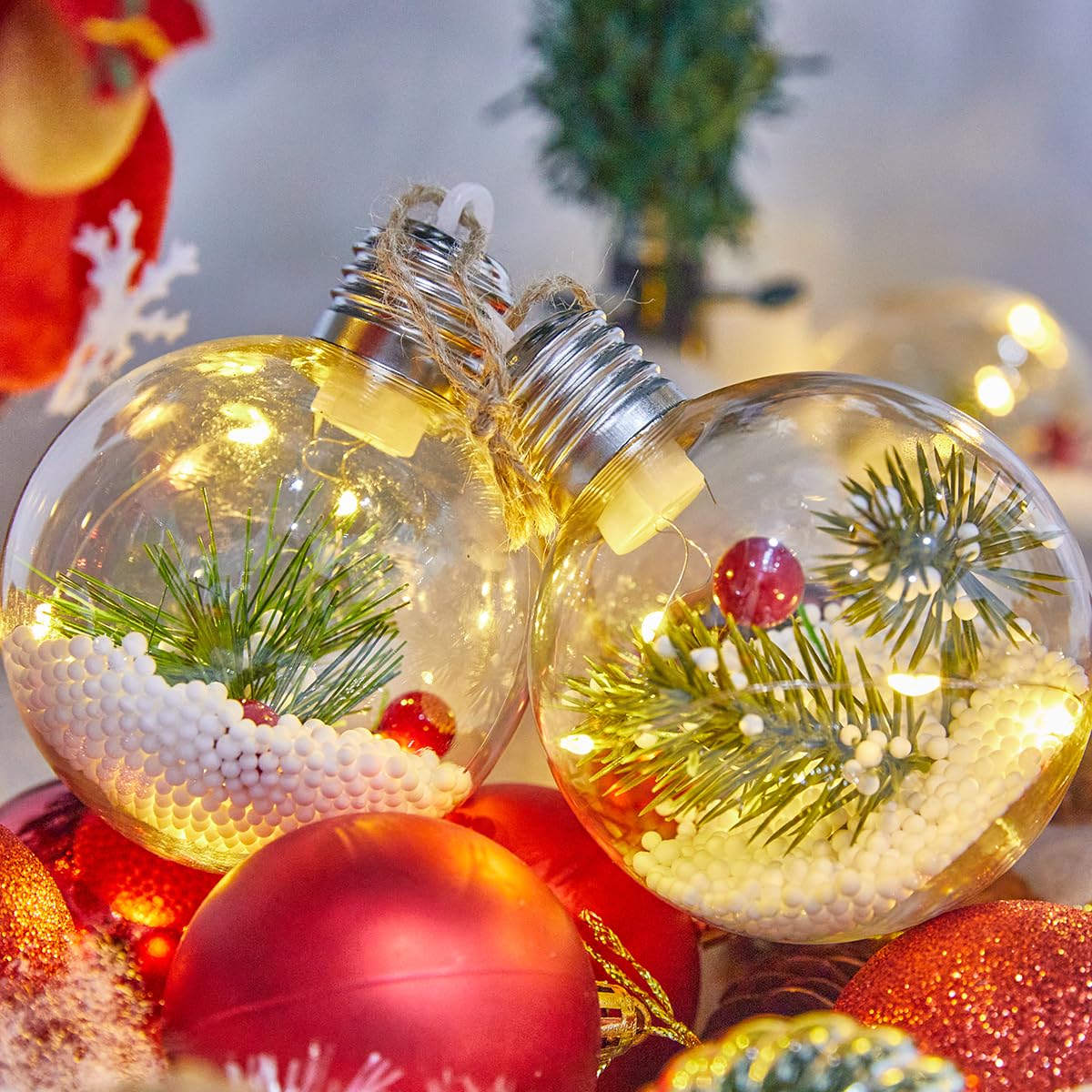 Wonnisx-2 Packs 8cm*8cm LED Christmas Tree Balls/LED Christmas Lights，Christmas Tree Decoration Ball/Glowing Transparent Christmas Balls