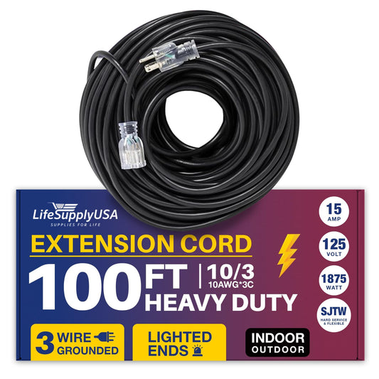 100ft Power Outdoor Extension Cord & Indoor - Waterproof Electric Drop Cord Cable - 3 Prong SJTW, 10 Gauge, 15 AMP, 125 Volts, 1875 Watts, 10/3 by LifeSupplyUSA - Black (1 Pack) - WoodArtSupply