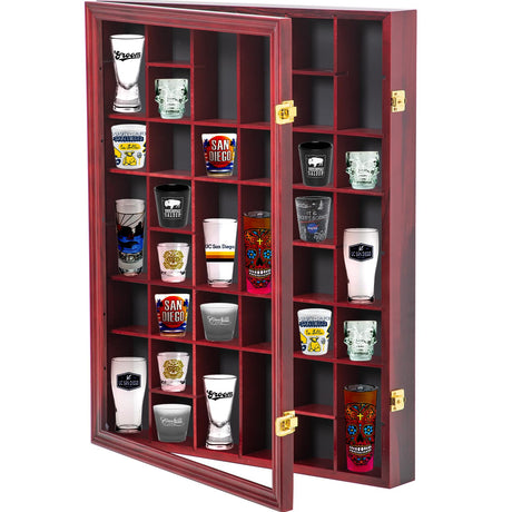 Furnishh 36 Slots Shot Glass Display Case with Lockable Door, Solid Wood Cabinet Collection Holder Wall Mounted Shot Glass Display Storage Box with Removable Shelves, 18"x26", Mahogany Furnishh