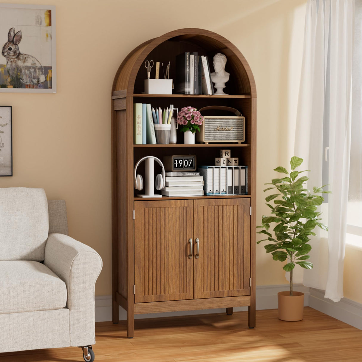 Lxsxlome 70.9" Arched Bookcase Bookshelf with Fluted Doors,5 Tier Mid-Century Modern Bookshelf Storage Cabinet,Wood Standing Tall Bookcase with Open Display Shelf for Home Office Living Room Bedroom Lxsxlome