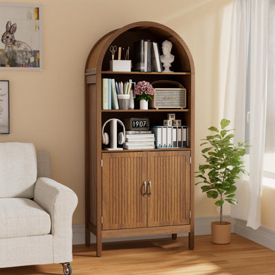 Lxsxlome 70.9" Arched Bookcase Bookshelf with Fluted Doors,5 Tier Mid-Century Modern Bookshelf Storage Cabinet,Wood Standing Tall Bookcase with Open Display Shelf for Home Office Living Room Bedroom