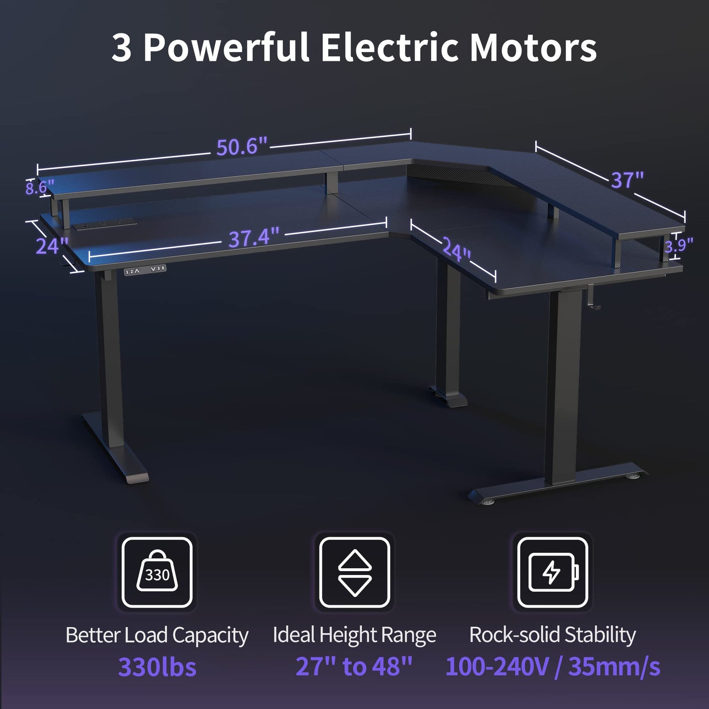 FEZIBO 63" Triple Motor L Shaped Standing Desk with LED Strip & Power Outlets, Height Adjustable Stand up Corner Gaming Desk with Ergonomic Monitor Stand, Black Carbon Fiber Top/Black Frame - WoodArtSupply