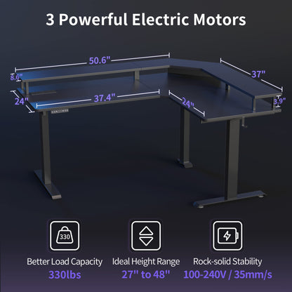 FEZIBO 63" Triple Motor L Shaped Standing Desk with LED Strip & Power Outlets, Height Adjustable Stand up Corner Gaming Desk with Ergonomic Monitor Stand, Black Carbon Fiber Top/Black Frame - WoodArtSupply