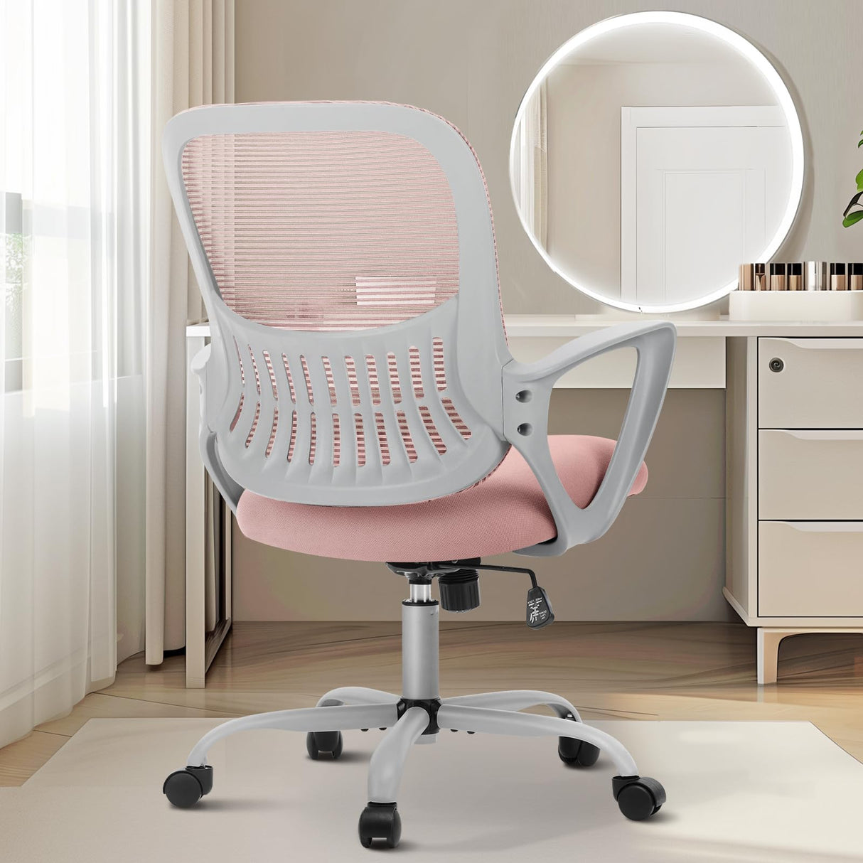 Sweetcrispy Office Computer Desk Managerial Executive Chair, Ergonomic Mid-Back Mesh Rolling Work Swivel Chairs with Wheels, Comfortable Lumbar Support, Comfy Arms for Home,Bedroom,Study,Student,Pink Sweetcrispy