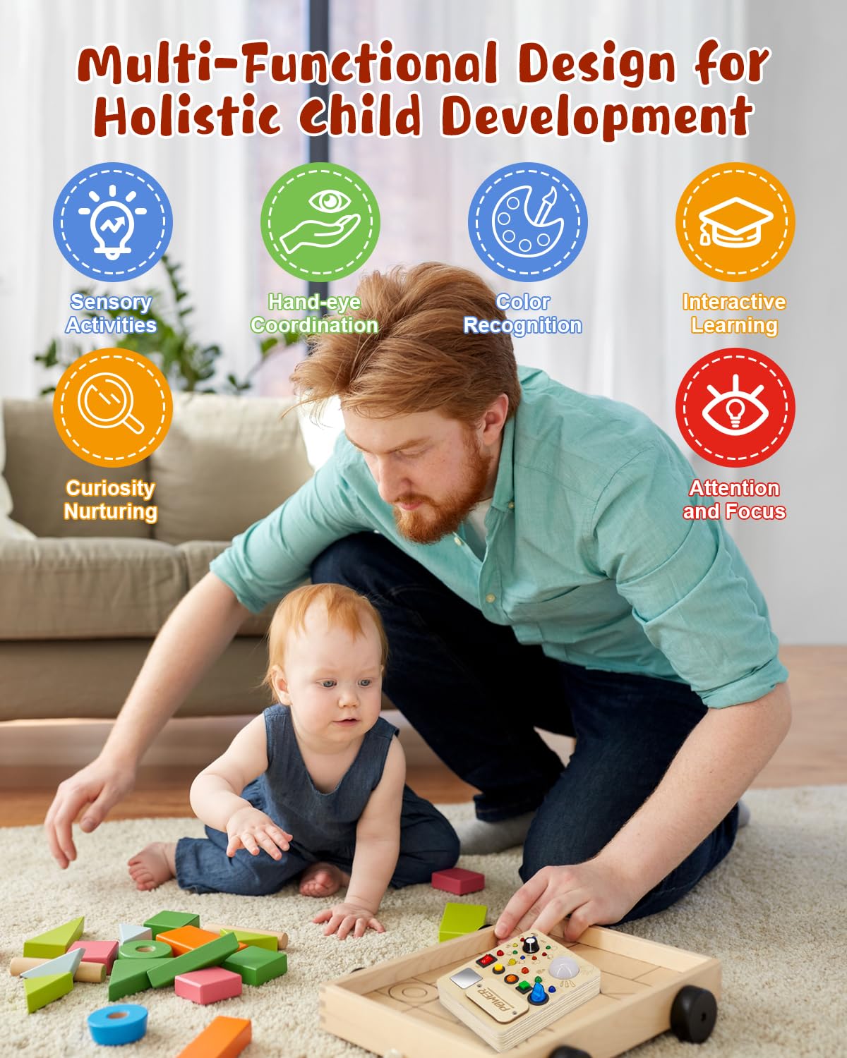 RCPLAGA Montessori Busy Board for 1-3 Toddlers: Wooden Sensory Busy Board Toy with LED Light Switch,Baby Travel Toy Preschool Learning Activities Board Christmas Birthday Gifts for Boys and Girls RCPLAGA