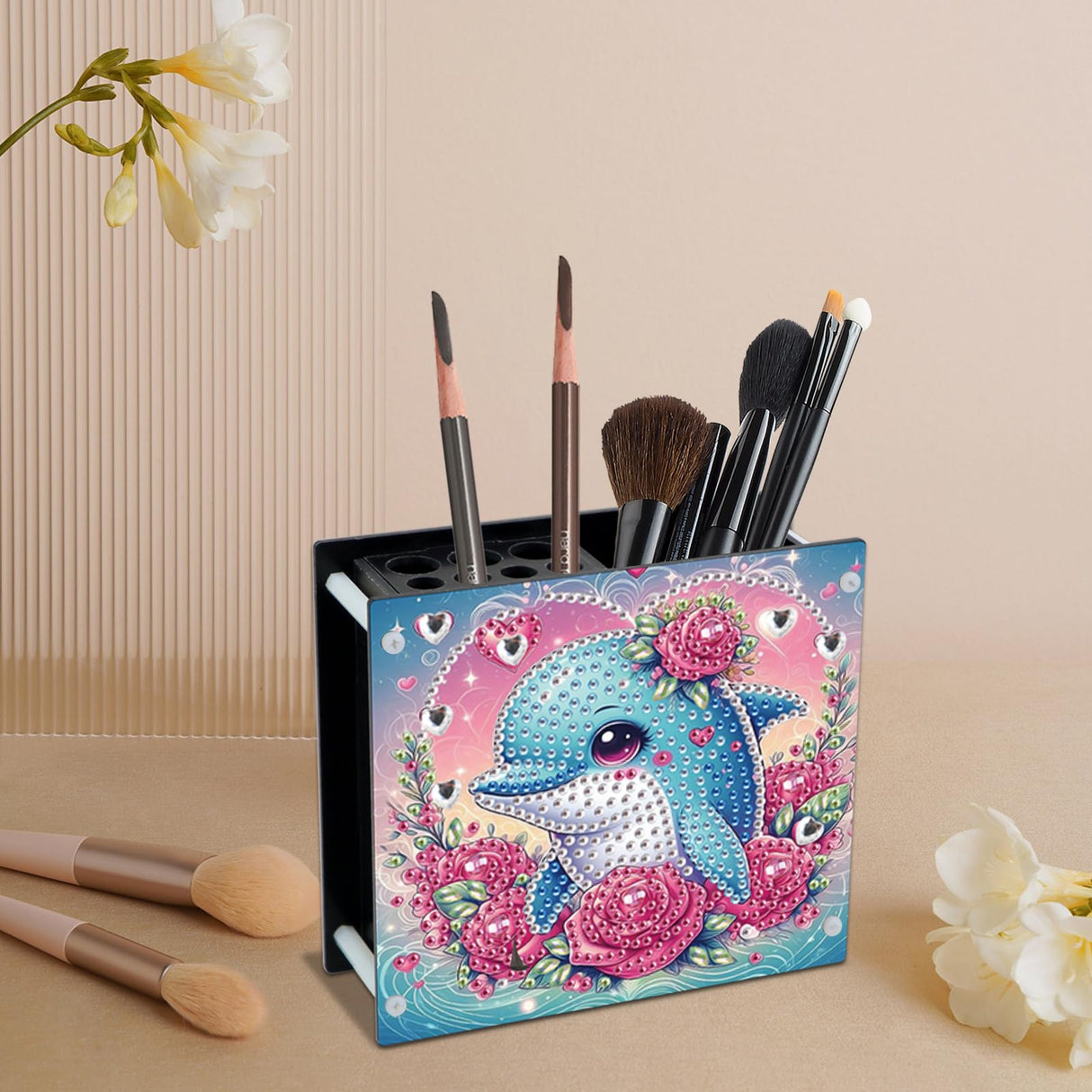 Tontut DIY Diamond Painting Kit，Rose Dolphin Special Shape diamond painting pen holder, Acrylic Daily Office Desktop Decoration Storage Item Tontut