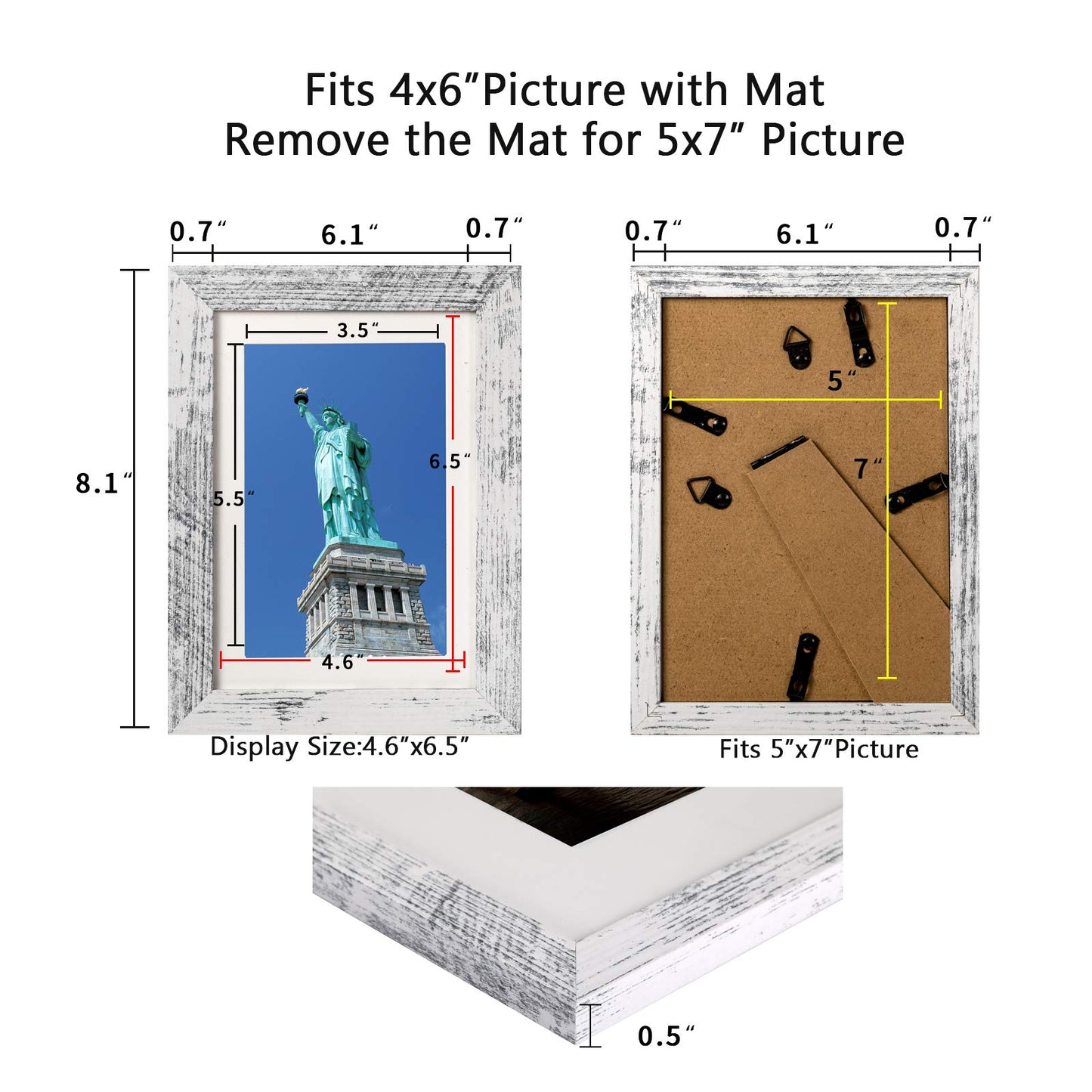 BAIJIALI 5x7 Picture Frame Distressed White Wood Pattern Set of 4 with Tempered Glass,Display Pictures 4x6 with Mat or 5x7 Without Mat, Horizontal and Vertical Formats for Wall and Table Moun - WoodArtSupply