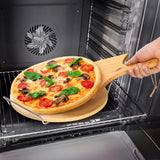 ZENFUN Round Pizza Stone with Wooden Peel and Metal Carry Rack 12 In Cooking Pizza Stone for Oven Baking and BBQ Grilling Round Baking Stone Cordierite Pizza Cooking Pan Free Bamboo Pizza Peel Paddle ZENFUN