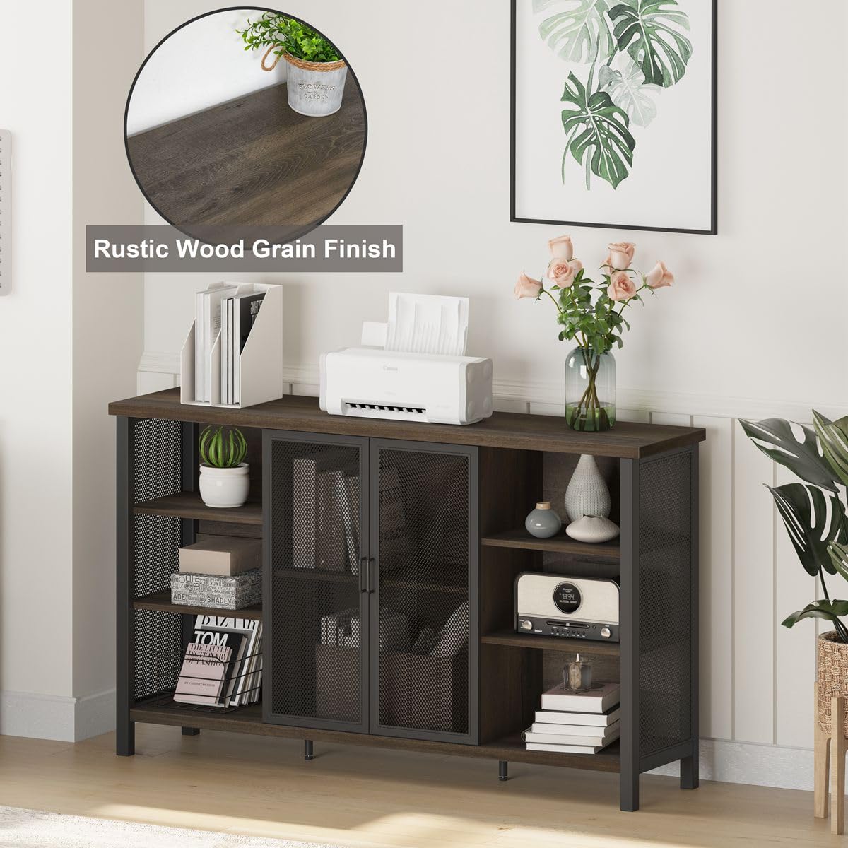 FATORRI Wine Bar Cabinet for Liquor and Glasses, Industrial Coffee Bar Cabinet, Farmhouse Sideboard and Buffet Cabinets with Storage, Wood and Metal Wine Rack (55 Inch, Walnut Brown) FATORRI