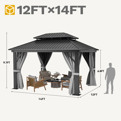 DWVO 12x14ft Hardtop Gazebo Double Roof with Nettings and Curtains, Heavy Duty Galvanized Steel Outdoor Vertical Stripes Roof for Patio, Backyard, Deck, Lawns, Gray - WoodArtSupply