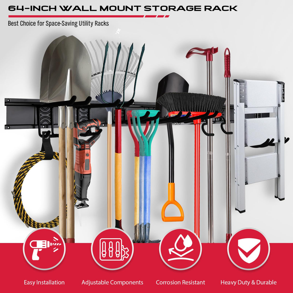 64" Heavy Duty Garage Storage Tool Organizer Wall Mount - Tool Rack with Adjustable Hooks, Anti-Rust, 300lbs Capacity - Easy Installation (4 Racks, 10 Hooks, 3 Straps) SEDY