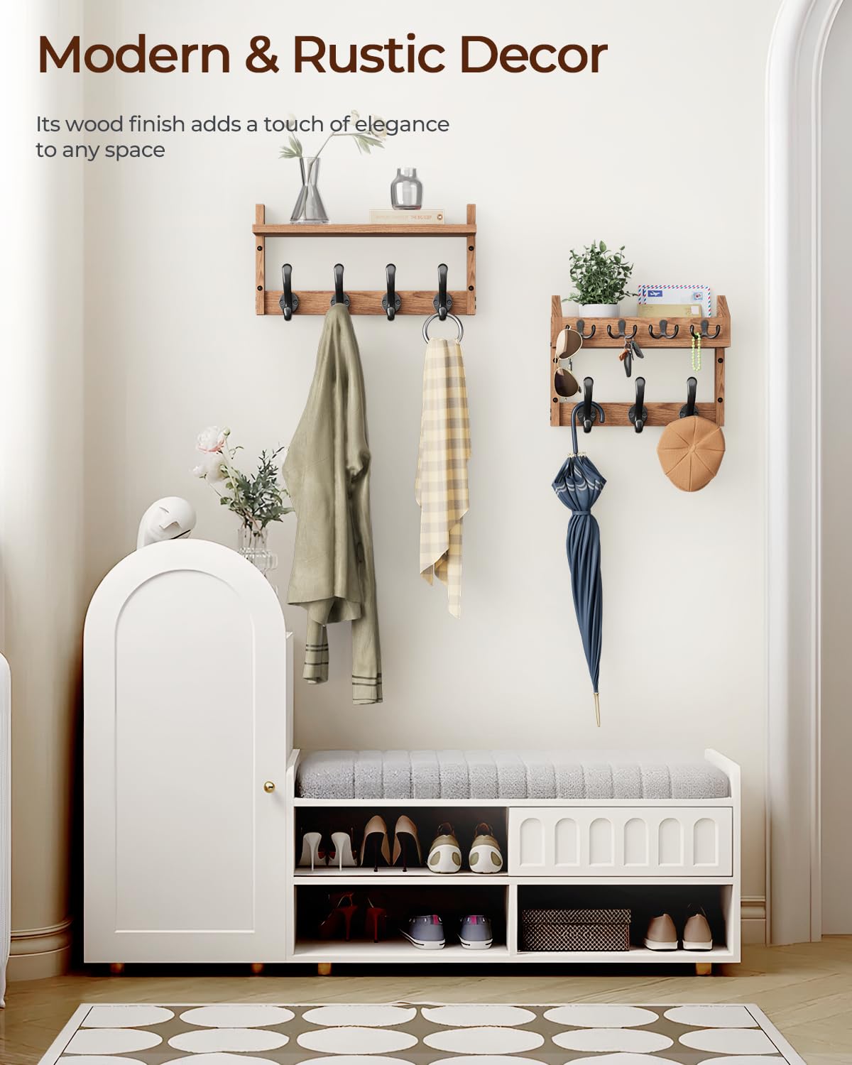 Tatub 29" Coat Rack Wall Mount with Shelf, 4 in 1 Entryway Key Holder with 7 Coat Hooks 4 Key Hangers Mail Organizer, Wood Wall Shelf for Living Room, Bedroom, Bathroom Tatub