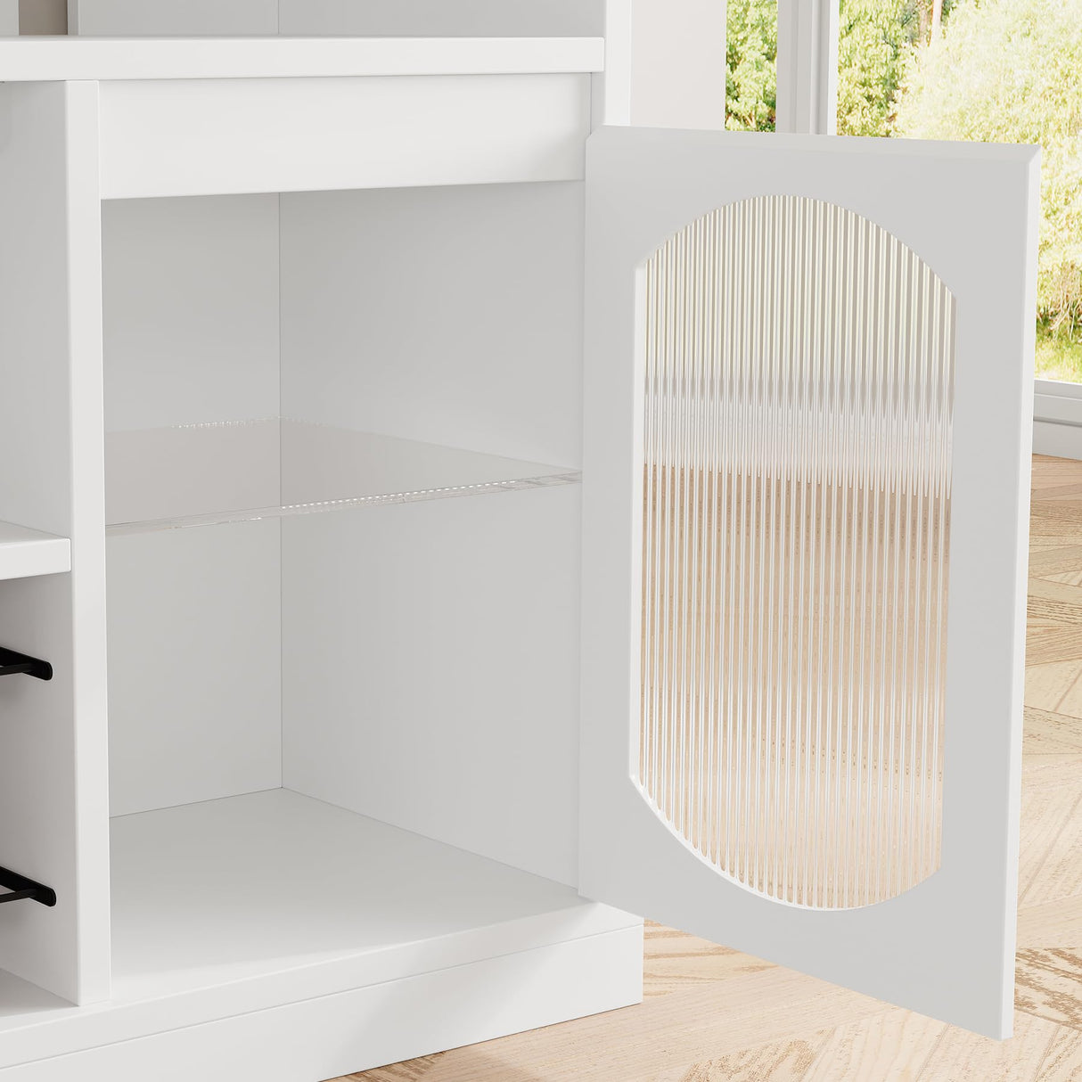 Wine Bar Cabinet with LED Light - 47" Liquor Storage Cabinet with Wine Rack and Glass Hanger Coffee Bar Cabinet with Adjustable Shelves Bar Cabinet with Glass Doors for Kitchen Dining Living Room ElfinAura