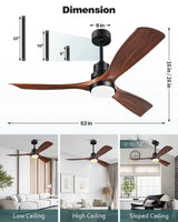 Forrovenco Ceiling Fans with Lights and Remote, 52 Inch Outdoor Ceiling Fan for Patios with Light 3 Downrods, 3 Blades Modern Ceiling Fan Noiseless Reversible DC Motor, Wood Fan for Farmhouse Forrovenco