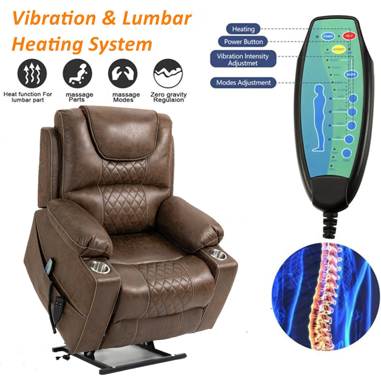 180 Degrees Lay Flat Lift Recliner with Massage and Heat, Cup Holder, 400 lb Capacity Recliner for Big and Tall Men, Lazyboy Sleeping (Brown Leather) LITVZ