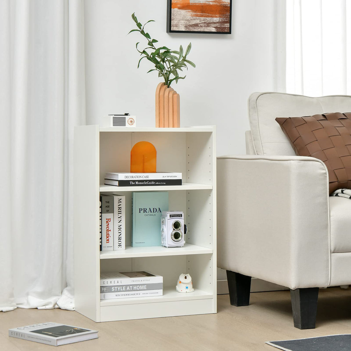 Tangkula White 3-Tier Adjustable Bookshelf with Anti-toppling Device for Modern Storage and Display Tangkula