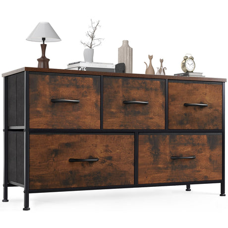 OLIXIS 5 Drawer Dresser Nightstand Classic Rust Brown, Wooden Top Metal Frame Fabric Storage Organizer for Bedroom Living Room Entryway, Wide TV Stand Closet Chest Furniture OLIXIS