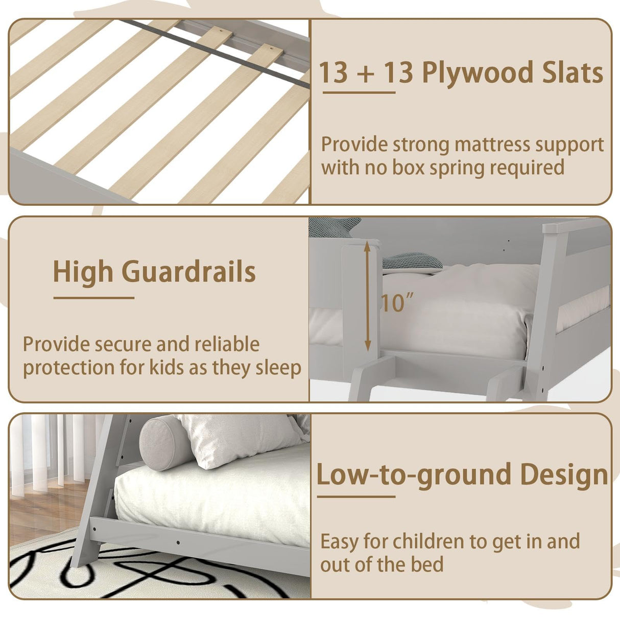 KOMFOTT Wood Twin Over Full Bunk Bed with Reversible Ladder, Wood Bunk Bed Frame with Slats Support & Safety Guardrails, Low Convertible Bunk Bed for Teens, Adults, No Box Spring Needed (Grey) KOMFOTT